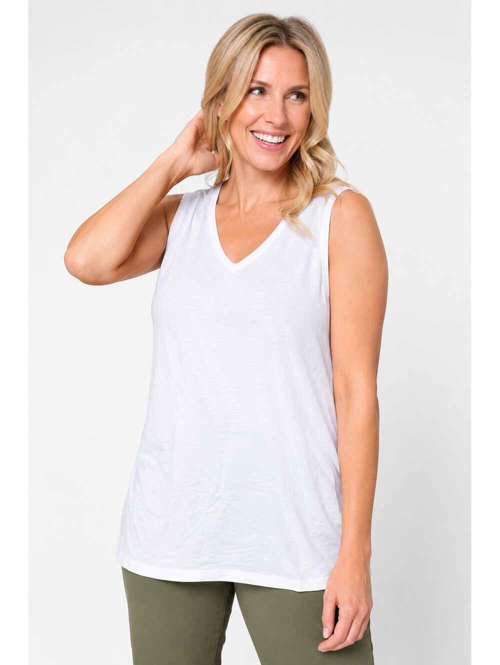Denim & Co. Essentials So Soft Jersey V-Neck Tank Tops White, Medium - Picture 1 of 7